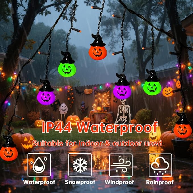 6FT 25LED Halloween Hooded Pumpkin String Lights, Icicle Light Strand with 10 Witch Hat Pumpkin Lights, 8 Lighting Modes, Battery Operated, Indoor Outdoor Holiday Decoration