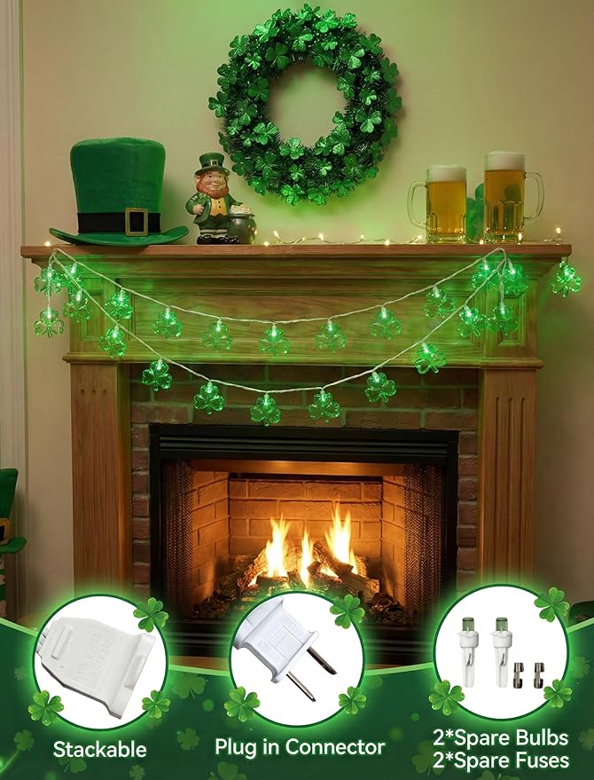 Outdoor St. Patrick's Day String Lights, 8.5Ft St. Patrick Decoration Lights with 10 Clover Lights, Plug in Shamrocks Lights Indoor for Garden Bedroom Birthday, Green Clover Decor