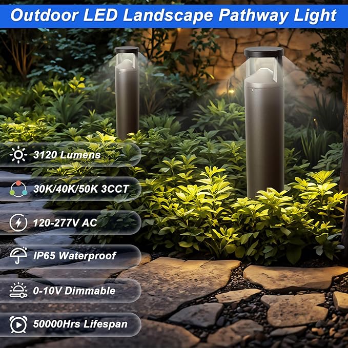 LED Bollard Landscape Light, 42" 24W Outdoor Pathway Light, 3CCT Selectable (3000K/4000K/5000K), IP65 Waterproof, 0-10V Dimmable Commercial Landscape Lighting for Garden, Walkway, Die-cast Aluminum
