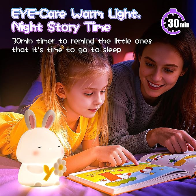 Cute Bunny Night Light for Kids, 7 Colors Squishy Silicone Touch Lamps, 3 Level Dimmable Rabbit Nursery Nightlight, 1200mAh Rechargeable Easter Gifts for Baby Toddler Girls Boys Room Decor