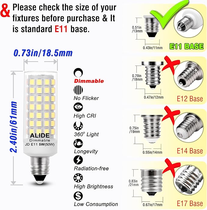 ALIDE E11 Led Bulbs Dimmable Daylight,JDE11 120V 50W Halogen Candelabra Bulbs Equivalent,T3 T4 Mini Base JD E11 Bulb, 6000K Bright White 5W E11 for Chandeliers, Ceiling Fan, Table Lamps,4Pack
