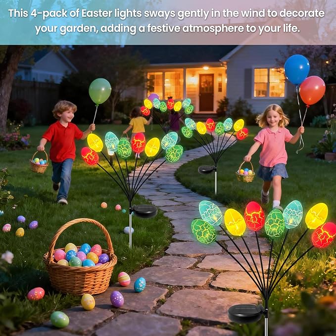 4 Pack Solar Easter Egg Lights with 32 Multicolor LED Eggs, Waterproof Colorful Solar Powered Outdoor Lights for Yard, Pathway, Porch & Patio - Easter Decorations