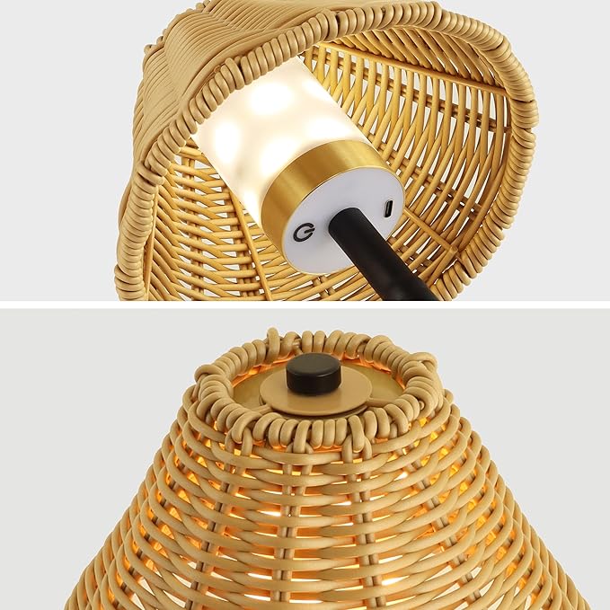 Mr.White Rechargeable Cordless Table Lamp with Wicker Shade, 5200mAh Battery Operated Portable Table Light with Touch Control, for Patio Restaurant Kitchen Dinner (Black)