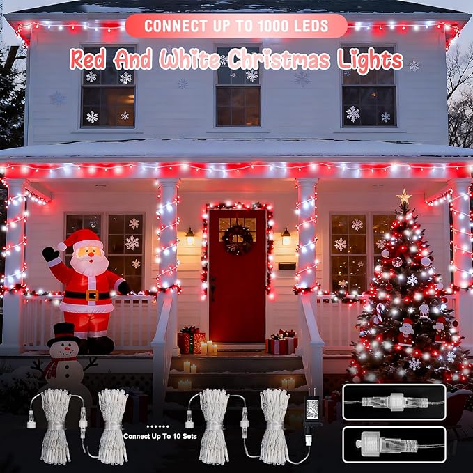 JMEXSUSS 2 Pack 100 LED Red and White Christmas Lights Outdoor, 8 Modes Connectable String Lights Indoor, LED Christmas Tree Lights Plug in for Xmas House Party Bedroom Decorations