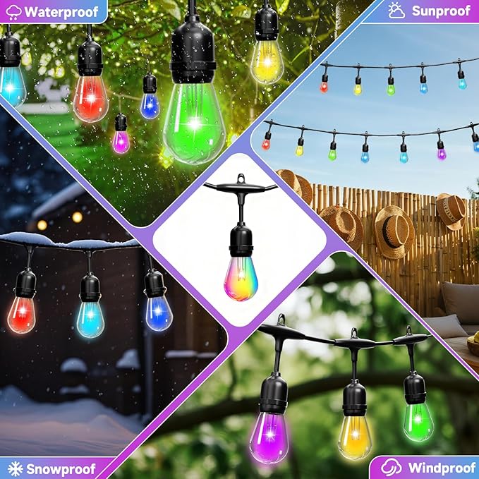 RGB Safety String Lights 100FT - Commercial Grade Low Voltage Strand with 40+2 S14 Shatterproof Bulbs for Tree Garden Yard bistro Cafe | RGB Party Lights & Outdoor Lights | IP65 Waterproof | UL Listed
