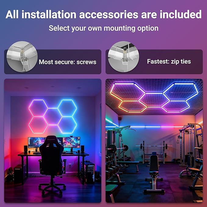 RGB Hexagon Lights with Remote, Music Sync Mode & 358+ Colors, LED Hexagon Lights for Gaming Room, Gym Lighting, Garage, Room Decor, Basement, Shop Light, Bar Lighting
