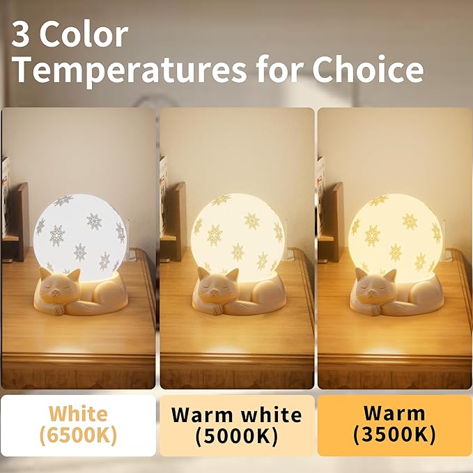 Rotating Cat Lamp, 3 Color Temperatures Table Lamp for Bedroom, Touch Control Rechargeable Nightstand Lamps with USB C Charging for Home Decor, Nursery