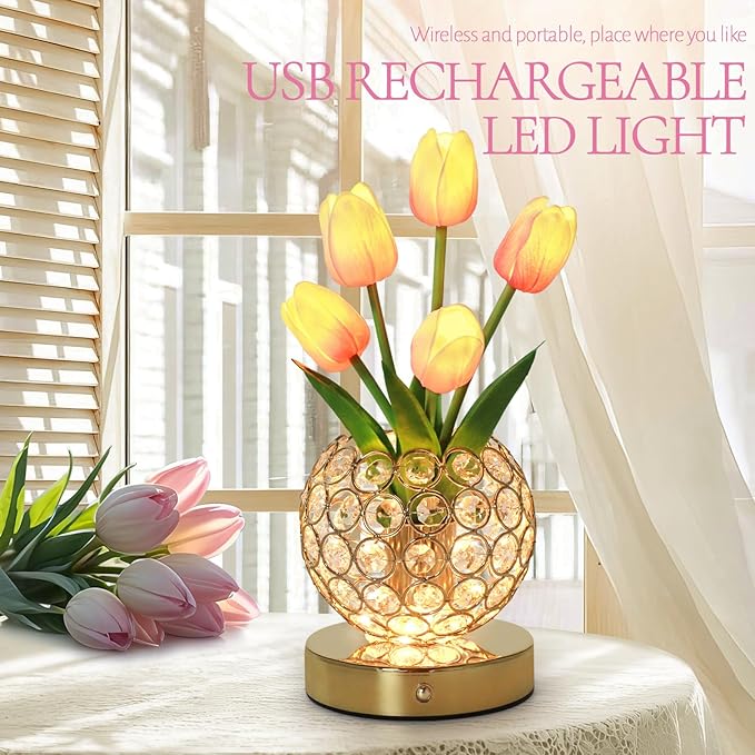 Tulip Table Lamp, Rechargeable Cordless Crystal Night Light, 3 Colors Touch Stepless Dimming Artificial Flower Light, LED Flower Bedside Lamp Romantic Gifts for Girl Women Mom (Tulip2 - Pink)