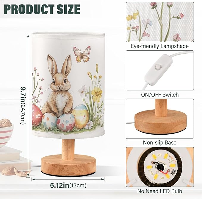 Watercolor Easter Bunny Butterfly Egg Floral Table Lamp with Wood Base Fabric Lamp Shade Bedside Nightstand Desk Lamp for Living Room Bedroom Kids Room Office