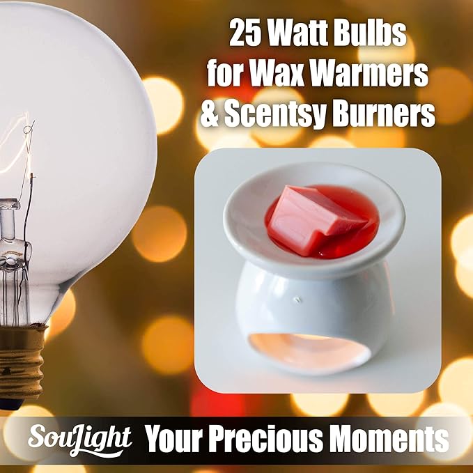 SouLight 25 Watt Wax Warmer Bulbs for Full Size Scentsy Warmer & Scentsy Burner - Replacement Light Bulbs. Incandescent E12 Socket w/Candelabra, Clear G16.5 (G50) - Pack of 6