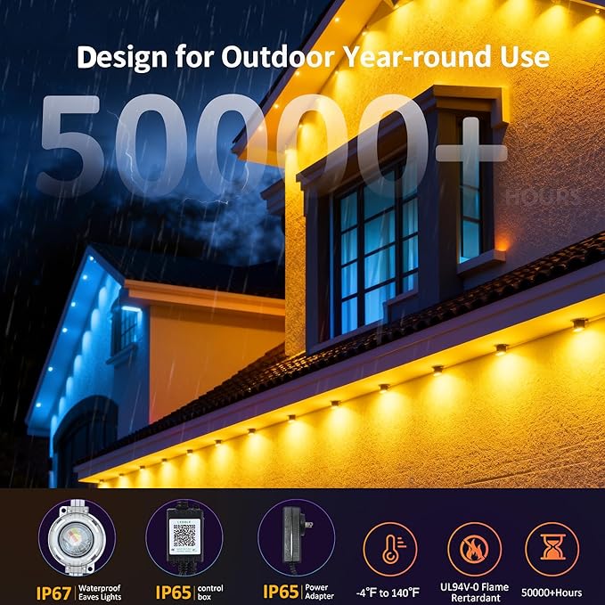 98FT Permanent Outdoor String Lights, RGB Multicolor LED Eaves Lights with APP & Remote, IP67 Waterproof Indoor Outdoor Christmas Halloween Party Garden Decor