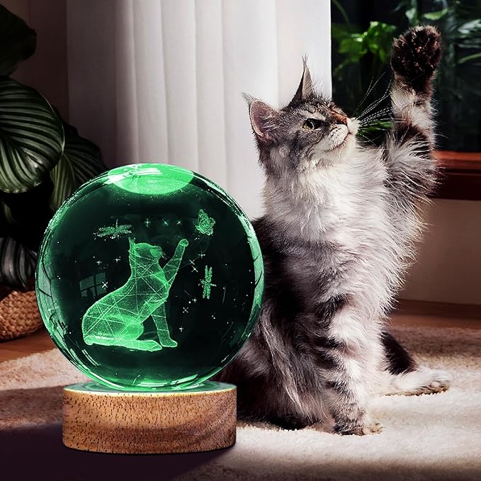 3D Cat Crystal Ball Night Light Cat Lover Gifts for Women Upgraded 3.15 In Cat Figurines Glass Ball Home Decor Lamps with 16 Color Cat Collectibles Snow Globes Gift for Girl Cat Lamp for Her Mom