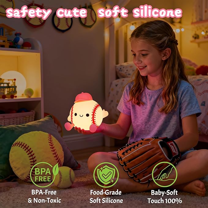 Softball Night Light, Cute Softball Gifts for Girls, Dimmable Rechargeable Silicone Touch Bedside Lamp for Girls Daughter Room Dorm Softball Fan Sporty Decor