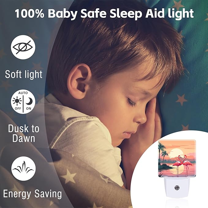 Pink Flamingos at Sunset Night Light for Kids,Summer Beach Tropical Palm Tree Night Light Plug in with Dusk to Dawn Sensor,0.5w Energy Saving Nightlight for Hallway Stairway Kitchen Bedroom
