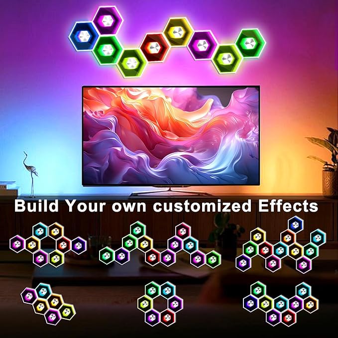 Hexagon LED Lights - 8 Pack Smart APP RGB Gaming LED Light with Remote Control & Music Sync Honeycomb Shape Hexagon Wall Lights for Bedroom, Living Room Wall, Gaming Decor