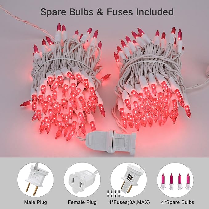 Brizled Pink Valentine Lights,300 Count 69.6ft Incandescent Pink Lights, Connectable Indoor String Light White Wire, UL Certificated Mini Christmas Tree Light for Bedroom Wedding Birthday Xmas Decor