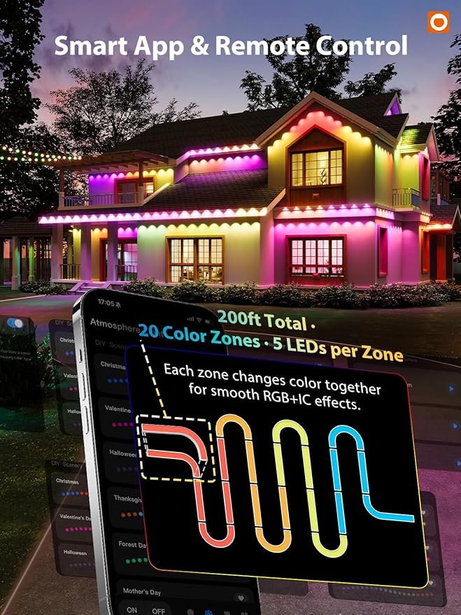 addlon 200FT Permanent Outdoor Lights, Cuttable & Extendable Smart RGB+IC LED Lights for House & Outdoor, App & Remote Control, IP67 Waterproof for Christmas, Holiday, Party, Halloween Decorations
