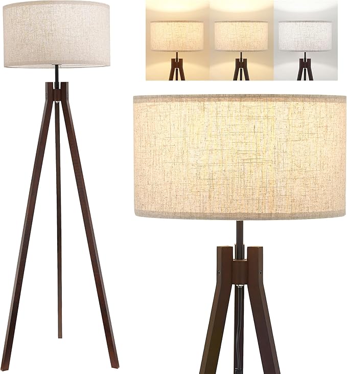 ELYONA Wood Tripod Floor Lamp for Bedroom, 3 Color Temperatures & Linen Shade, Modern Reading Standing Lamp with 9W LED Bulb, Mid Century Night Light for Farmhouse, Living Room, Office, Walnut