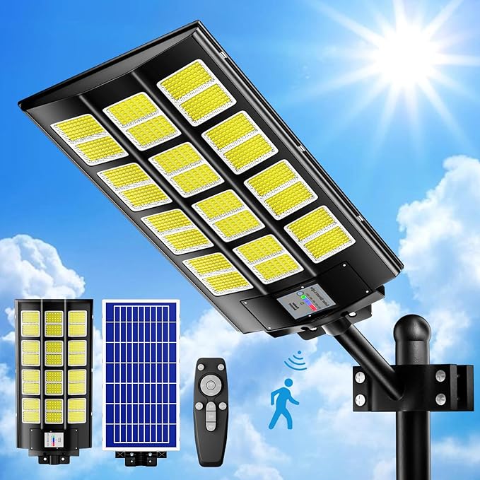 loyoele Solar Street Light 8000W Outdoor Waterproof, Solar Outdoor LED Street Light 120000 Lumens 7000K Dusk to Dawn, LED Wide Angle Lamp with Motion Sensor, for Parking Lot, Yard 1-Pack