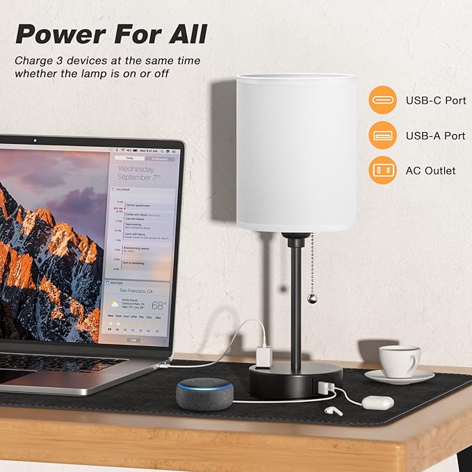 Bedside Table lamp for Bedroom Set of 2-3 Color Temperatures Small Lamps with USB C and A Ports, Pull Chain Table Lamps with AC Outlet, White Nightstand Lamps with Black Metal Base for Kids Reading