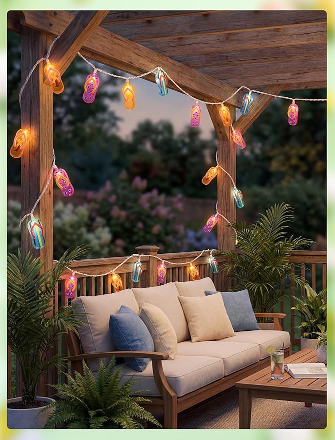 Tropical Beach Flip Flop String Lights, 8.5FT 10 LED Colorful Slipper String Lights Plug in, Hawaiian Summer Beach Themed Decorative Lights for Patio Bedroom Party Luau Pool Birthday Home Window Decor
