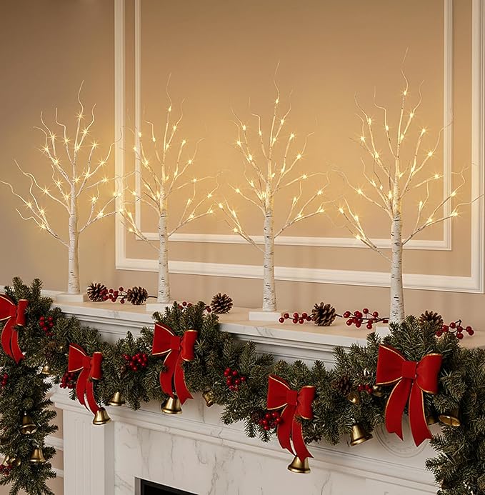 EAMBRITE Home Decorations Light Up White Birch Tree Indoor Christmas Decor, 4 Pack Battery Operated/USB Lighted Tabletop Money Tree Lamp Led Lights Xmas Wedding Centerpiece Table Room (2 Ft)