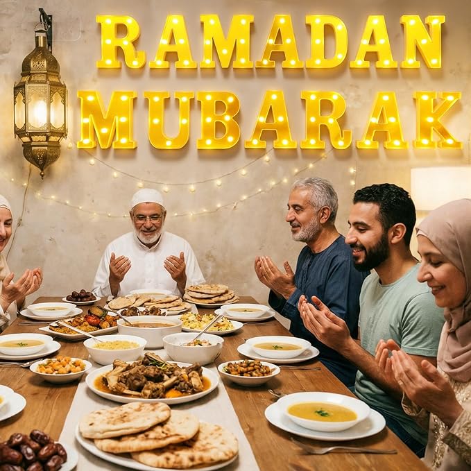Ramadan Mubarak Large LED Lights Mirror-Effect Letter Lights Battery Powered Eid Mubarak Decorations for Party Decorations Indoor Outdoor