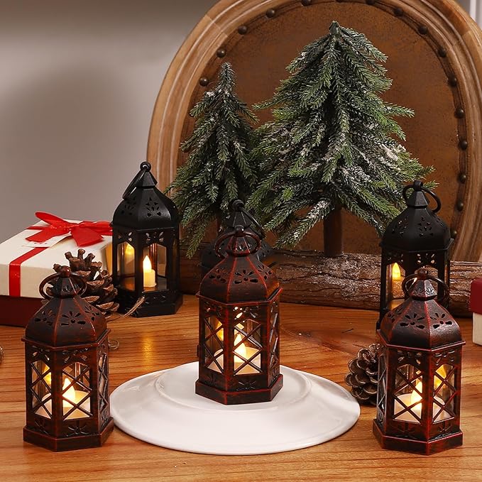 LLQ 12PCS Brushed Red Mini Lantern with LED Tealight for Halloween Decorations, Small Moroccan Lanterns for Wedding Decor, Vintage Christmas Lights for Table Centerpiece, Hanging Ornaments Bulk