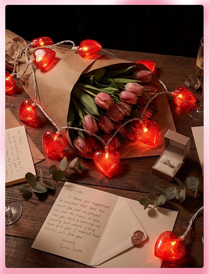 8.5Ft Valentines Day Lights,Heart Lights String with 10 Pack Shiny Glitter Red 3D Heart Lights,Plug in Valentine Light for Indoor Outdoor Valentine's Day Party Wedding Anniversary Decor