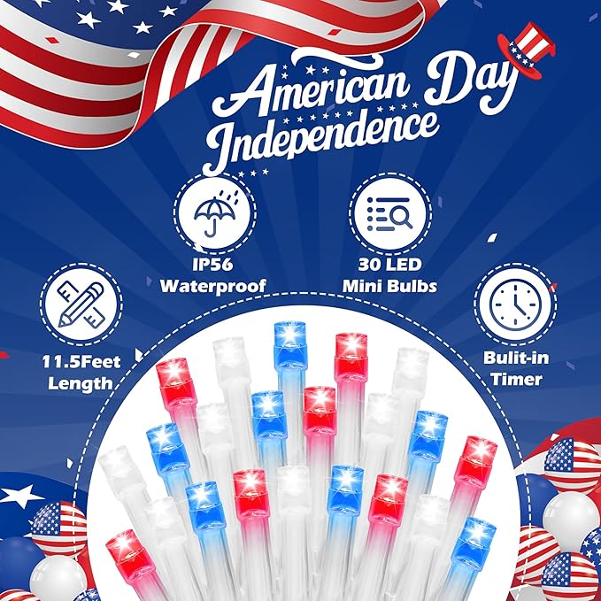 Red White Blue 4th of July Decoration Light - 30 LED 11.5Ft Patriotic Battery String Lights with 8 Modes, Timer, Waterproof - Independence Day Lighting for Outdoor House Holiday Memorial Day Decor