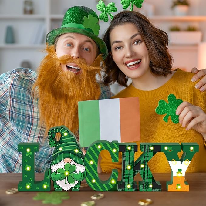 Menkxi St Patricks Day LED Wooden Sign St. Patrick's Day Table Decorations Wooden Lucky Decor Saint Patty's Tiered Tray Decor Light up Irish Table Centerpiece for Home Party Desk Office Room