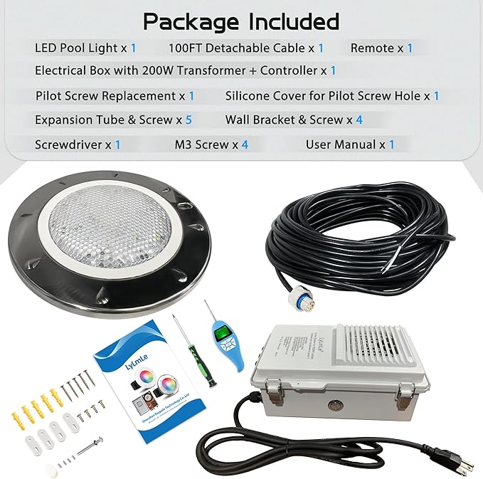LyLmLe Pool Light for Inground Pools, 65W 12V RGBW LED Multicolor Inground Pool Light with Transformer & Controller, 316 Stainless Steel,14 Color Lights Show Underwater Lights for 10" Niche,100FT Cord