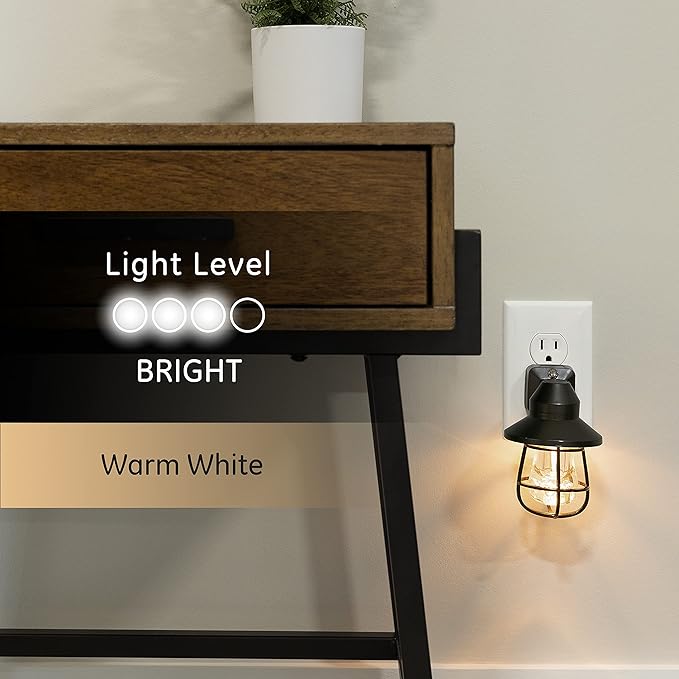 GE Vintage LED Night Light, Plug-in, Dusk to Dawn Sensor, Farmhouse Decor, Mood Lighting, Home Decor, Ambient Lighting, LED Lights for Bedroom, Bathroom, Kitchen, Hallway, 62461, Black, 4 Pack