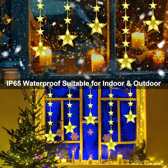 GLOONITY Decorative String Lights for Celebrating Birthdays, Easter, Christmas, Halloween, Indoor Light Fixtures, 46Leds Waterproof Star Curtain Lights Battery Operated, Warm White LED Lamps