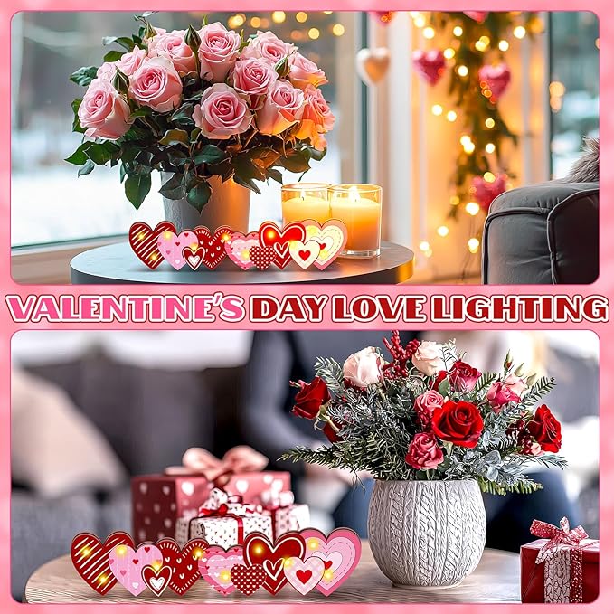 Yousoontic Valentines Day Heart Decor Table Centerpieces Valentines Wooden Heart Sign Decorations with LED Lights 3D Block Pink Red Love Romantic Decor for Home Mantel Desk Office Party Decorations