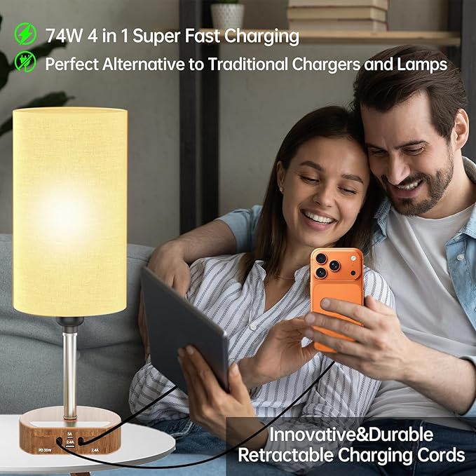 Bedside Table Lamps Set of 2, Desk Lamp with Charging Station 74W【2 * 3.94ft Retractable Cords & 2 USB Ports】, 3 Way Dimmable Touch Lamps for Nightstand (Grey-Wood Grain Set of 2)