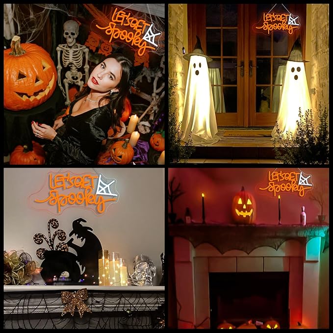 Let's Get Spooky Neon Sign - Halloween Neon Signs for Wall Decor Halloween Neon Light USB Light Up Sign for Halloween Party Decoration,Halloween Decor,Bedroom,Living room,Windows