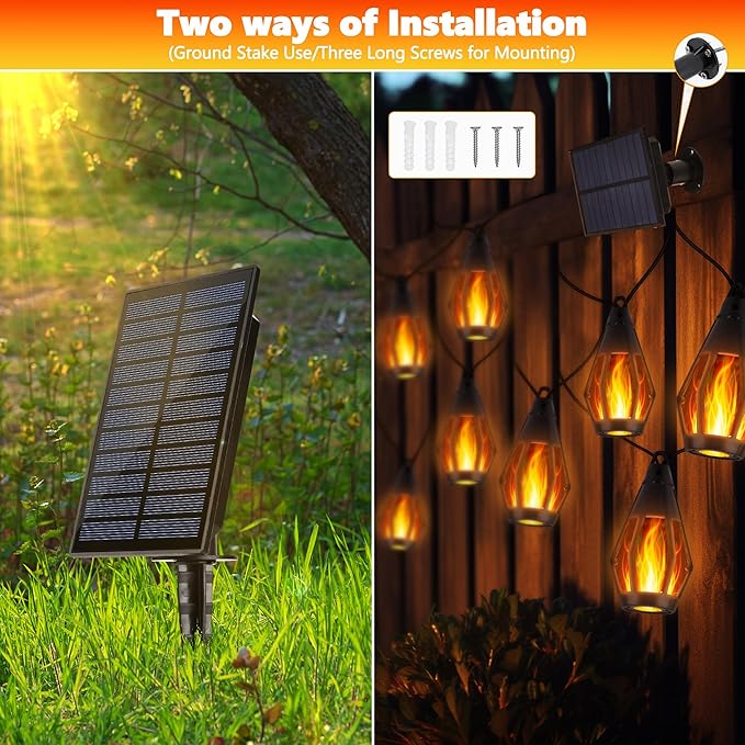 iBaycon Solar Flame Lights, 42Ft 15 LED Bulbs Flickering Flame String Light, Outdoor Waterproof Solar Flame Lights for Garden Yard Lawn Patio Decorations (Warm White)