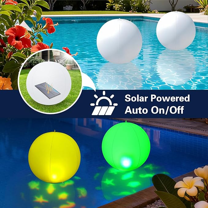 Floating Pool Lights, 15" Solar Pool Light That Float w/Patterns of Sealife, Upper & Lower RGB Color Changing Pools Floating Light IP68 Waterproof, Float/Hang for Pools Wedding Party Decor(2)