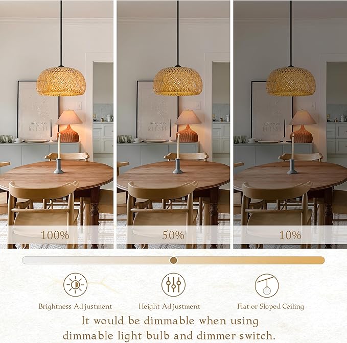 12" Bamboo Pendants Light Wicker Pendant Lights Boho Chandelier Adjustable Rustic Basket Rattan Pendant Wicker Light Fixture Woven Pendants for Kitchen Island Dining Room (Bulb Incl.)