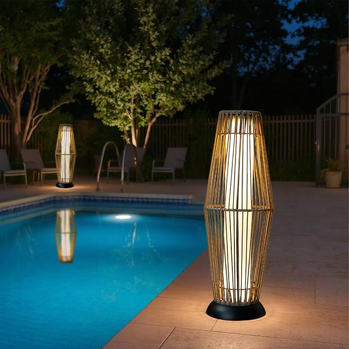 TRIROCKS Outdoor Floor Lamp 2 Piece Solar Powered Lantern Wicker Solar Patio Lamp with Olifen Rope Waterproof Rattan Outside Solar Deck Light for Patio Garden Lawn Yard (Grey)