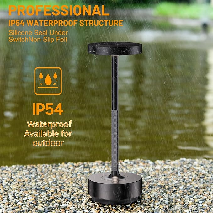 SAKRINGT Rechargeable Cordless Table Lamp - Battery Operated LED Portable Table Light with 3 Color Stepless Dimming, Memory Function - IP54 Waterproof for Outdoor, Restaurant, Patio, Camping