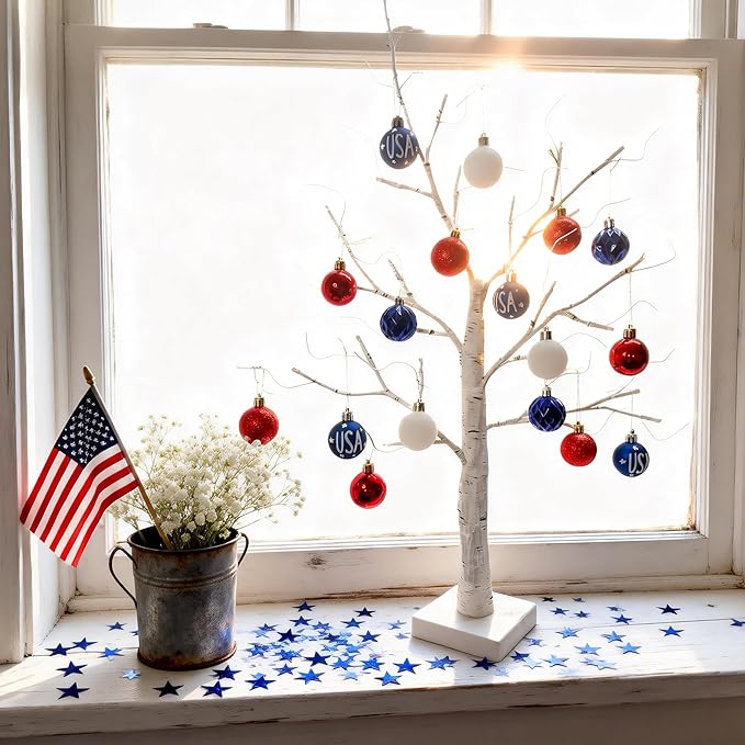 2-Pack Lighted Easter Spring Mothers Day Christmas Tree Decorations Indoor, 2ft Birch Tree with LED Lights, Small Tabletop Patriotic Valentines Day Tree with Lights,Battery- Powered