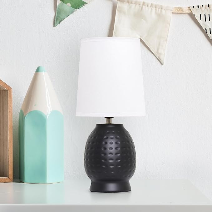 Simple Designs LT1161-BLK 12.5" Chic Glow Petite Dimpled Ceramic Table Lamp, for Bedroom, Office, Living Room, Stylish Spaces, Black