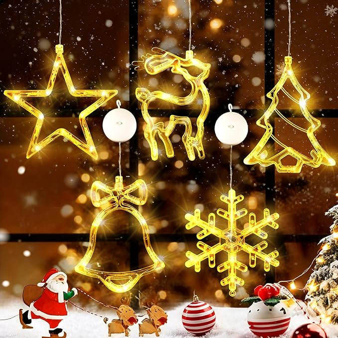 Asaint 5Pcs Christmas Window Lights Decorations,Lighted Bell Tree Reindeer Snowflake Star Battery Operated with Suction Cup for Christmas Window Glass Wall Indoor Decorations Muti-Color (Warm White)