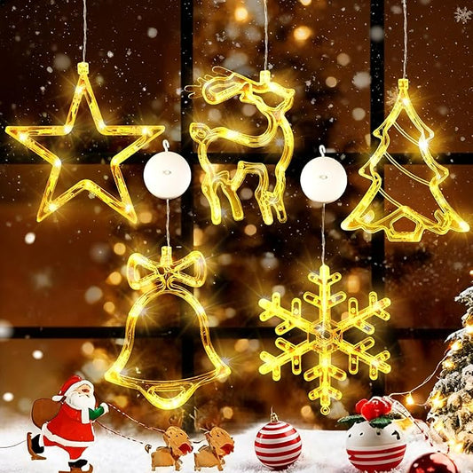 Asaint 5Pcs Christmas Window Lights Decorations,Lighted Bell Tree Reindeer Snowflake Star Battery Operated with Suction Cup for Christmas Window Glass Wall Indoor Decorations Muti-Color (Warm White)