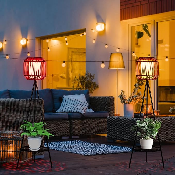 HUYIENO 2pk Solar Floor Lamps Porch Decorations 9 Color Option Outdoor Rattan Lights with Plant Stand Both USB Charge and Solar Powered Garden Lantern Lights for Patio Yard Pathway