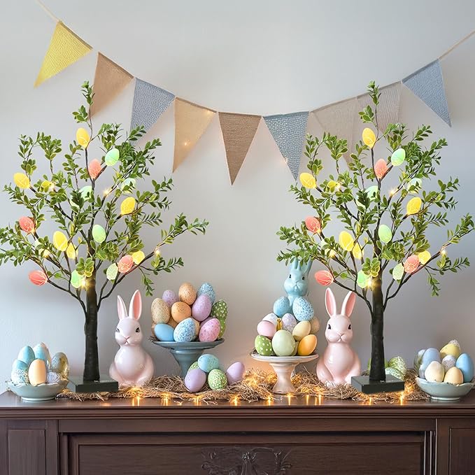 EAMBRITE Easter Decorations Easter Tree with Eggs, 2Ft Tabletop Tree with 24 LED Lights, Lighted Artificial Tree Battery/USB Operated Light up Easter Egg Tree for Spring Home Decor (2 Pack)