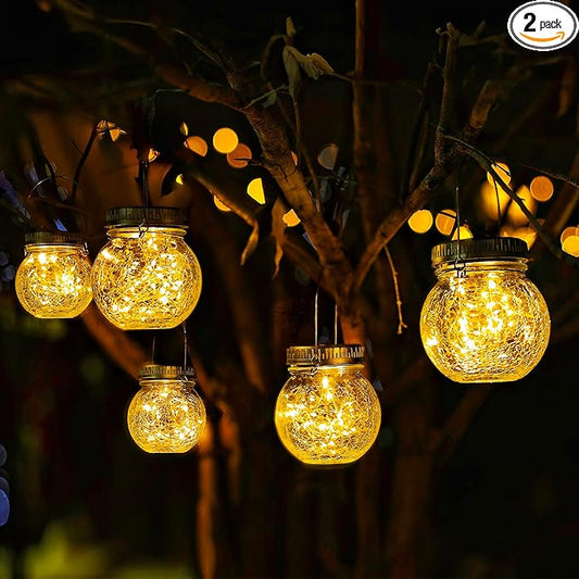 Cooo 2 Pack Crackle Glass Solar Lantern with 30 LED Firefly Lights– Waterproof Outdoor Hanging Lamp 215% Larger Solar Panel, Anti-Rust Lids Decorative Lighting for Garden Patio Christmas Decorations