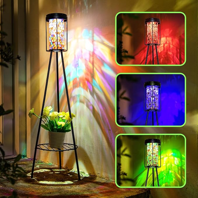 Outdoor Lamps for Patio, Outdoor Floor Lamp with Plant Stand, Solar Powered RGB Lights, Waterproof Standing Lamp for Garden Yard Décor, Stained Glass Decorative Floor Lamp, Gift for Women Mom